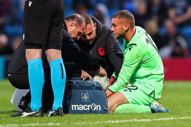 Mandatory Credit: Photo by Ryan Crockett JMP Shutterstock (12976060fo) Bruno Puja of Albania receives medical treatment England U21, U 21 v Albania U21, UK - 07 Jun 2022 Editorial use only England U21 v Albania U21, UK - 07 Jun 2022 Editorial use only  Copyright: xRyanxCrockett JMP Shutterstockx 12976060fo