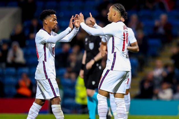 Mandatory Credit: Photo by Ryan Crockett JMP Shutterstock (12976060fi) Cameron Archer celebrates his goal with Angel Gomes of England England U21, U 21 v Albania U21, UK - 07 Jun 2022 Editorial use only England U21 v Albania U21, UK - 07 Jun 2022 Editorial use only  Copyright: xRyanxCrockett JMP Shutterstockx 12976060fi