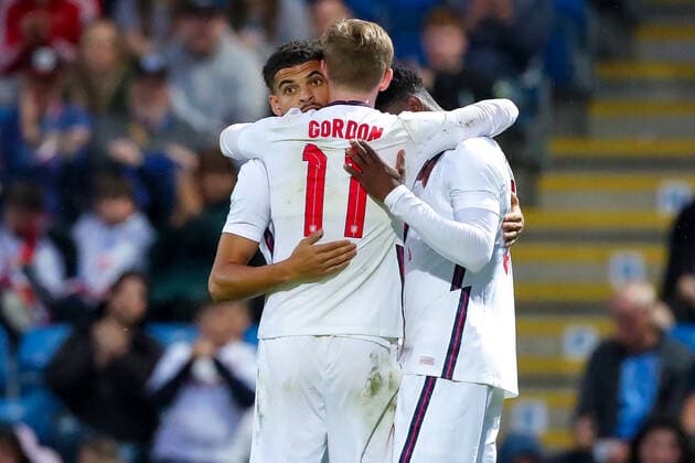 Mandatory Credit: Photo by Ryan Crockett JMP Shutterstock (12976060ez) Folarin Balogun celebrates his second goal with Morgan Gibbs-White and Anthony Gordon of England England U21, U 21 v Albania U21, UK - 07 Jun 2022 Editorial use only England U21 v Albania U21, UK - 07 Jun 2022 Editorial use only  Copyright: xRyanxCrockett JMP Shutterstockx 12976060ez