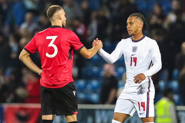 Mandatory Credit: Photo by Ryan Crockett JMP Shutterstock (12976060fy) Mario Mitaj of Albania and Cameron Archer of England shake hands at full time England U21, U 21 v Albania U21, UK - 07 Jun 2022 Editorial use only England U21 v Albania U21, UK - 07 Jun 2022 Editorial use only  Copyright: xRyanxCrockett JMP Shutterstockx 12976060fy