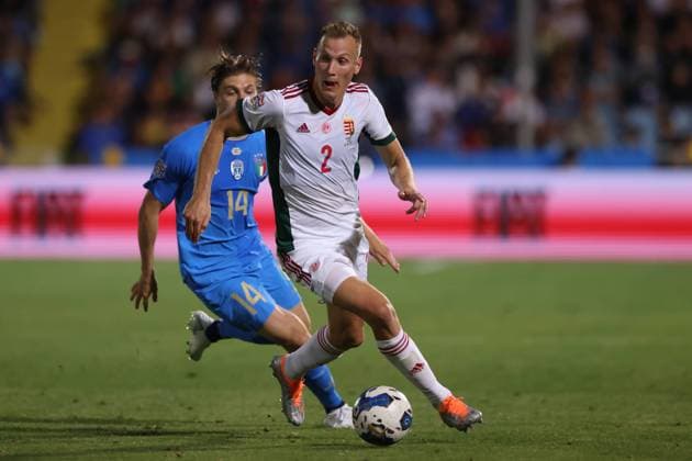 Cesena, Italy, 7th June 2022. Adam Lang of Hungary is pursued by Alessio Zerbin of Italy during the UEFA Nations League match at Stadio Dino Manuzzi, Cesena. Picture credit should read: Jonathan Moscrop Sportimage EDITORIAL USE ONLY. No use with unauthorised audio, video, data, fixture lists, club league logos or live services. Online in-match use limited to 120 images, no video emulation. No use in betting, games or single club league player publications. SPI-1722-0016