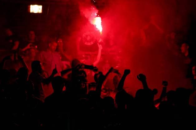 Cesena, Italy, 7th June 2022. Hungary fans celebrate by lighting flares after a Gianluca Mancini of Italy own goal reduced the arrears to 2-1 during the UEFA Nations League match at Stadio Dino Manuzzi, Cesena. Picture credit should read: Jonathan Moscrop Sportimage EDITORIAL USE ONLY. No use with unauthorised audio, video, data, fixture lists, club league logos or live services. Online in-match use limited to 120 images, no video emulation. No use in betting, games or single club league player publications. SPI-1722-0035