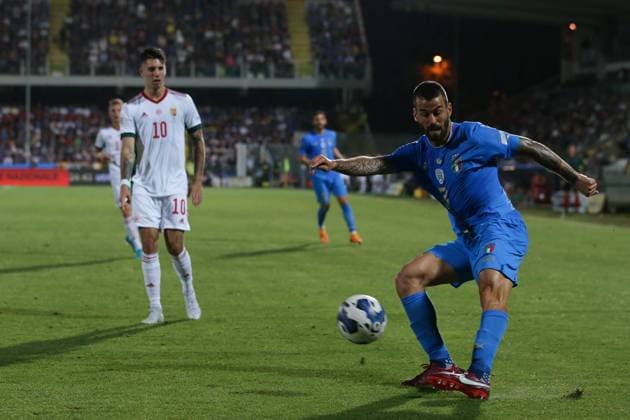 Cesena, Italy, 7th June 2022. Dominik Szoboszlai of Hungary looks on as Leonardo Spinazzola of Italy crosses the ball during the UEFA Nations League match at Stadio Dino Manuzzi, Cesena. Picture credit should read: Jonathan Moscrop Sportimage EDITORIAL USE ONLY. No use with unauthorised audio, video, data, fixture lists, club league logos or live services. Online in-match use limited to 120 images, no video emulation. No use in betting, games or single club league player publications. SPI-1722-0023