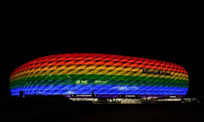 Mandatory Credit: Photo by Javier Garcia Shutterstock (12975315ha) The Allianz Arena lit in Rainbow colours Germany v England, UEFA Nations League, Group A3, International Football, Allianz Arena, Munich, Germany - 07 Jun 2022 EDITORIAL USE ONLY No use with unauthorised audio, video, data, fixture lists, club league logos or live services. Online in-match use limited to 120 images, no video emulation. No use in betting, games or single club league player publications. Germany v England, UEFA Nations League, Group A3, International Football, Allianz Arena, Munich, Germany - 07 Jun 2022 EDITORIAL USE ONLY No use with unauthorised audio, video, data, fixture lists, club league logos or live services. Online in-match use limited to 120 images, no video emulation. No use in betting, games or single club league player publications. Copyright: xJavierxGarcia Shutterstockx 12975315ha