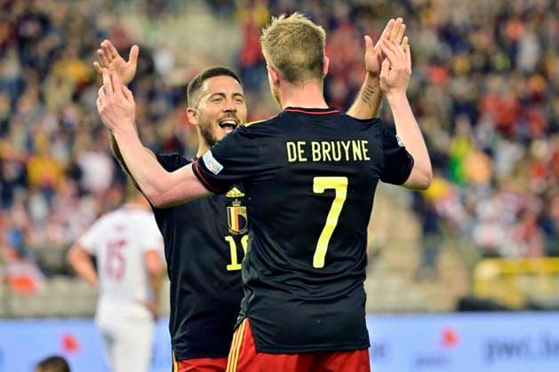 BRUSSELS, BELGIUM - JUNE 08 : De Bruyne Kevin forward of Belgium celebrates scoring a goal with Hazard Eden midfielder of Belgium during the UEFA Nations League Group A match between Belgium and Poland on June 8, 2022 in Brussels, Belgium, 08 06 2022 ( Belgium v Poland - UEFA Nations League 08 06 2022 PhotoNews Panoramic 