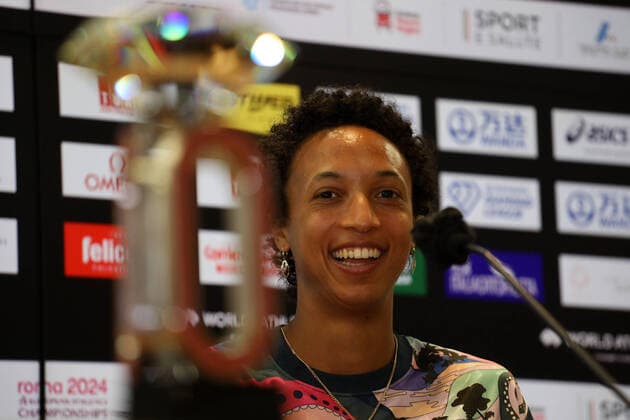 Sport Themen der Woche KW23 Sport Bilder des Tages Italy: Golden Gala Pietro Mennea press conference, PK, Pressekonferenz Malaika Mihambo (GER) during the press conference of the Wanda Diamond League Golden Gala Pietro Mennea at Stadio Olimpico in Rome, Italy on June 8 2022. GOLDEN_GALA_15.JPG Rome Italy Copyright: GiuseppexFama