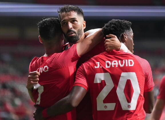 June 9, 2022, VANCOUVER, BC, CANADA: Canada s Steven Vitoria, back, celebrates his goal against Curacao with Stephen Eustaquio, left, and Jonathan David during the first half of a CONCACAF Nations League soccer match, in Vancouver, on Thursday, June 9, 2022. Canada News - June 9, 2022 - ZUMAc35_ 20220609_zaf_c35_169 Copyright: xDarrylxDyckx