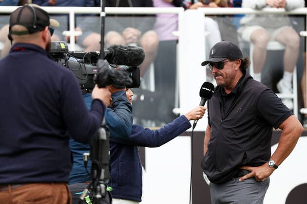 Mandatory Credit: Photo by James Marsh Shutterstock (12977875dc) Phil Mickelson of USA is interviewed before round 1. LIV Golf Invitational London, Day One, Golf, Centurion Club, Hertfordshire, UK - 09 June 2022 LIV Golf Invitational London, Day One, Golf, Centurion Club, Hertfordshire, UK - 09 June 2022 Copyright: xJamesxMarsh Shutterstockx 12977875dc