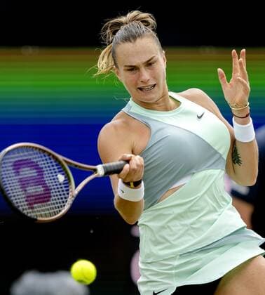 ROSMALEN Tennis star Aryna Sabalenka Belarus in action during the match against Alison Van Uytvanck not in photo, Belgium at the international tennis tournament Libema Open The combined Dutch tennis tournament for men and women will be held on the grass courts of Autotron for twelve days ANP SANDER KING xVIxANPxSportx xxANPxIVx 450208727 originalFilename: 450208727.jpg