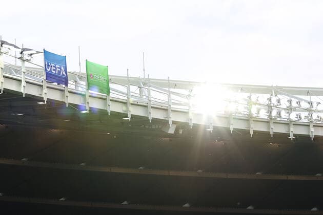 SOCCER - NL, AUT vs FRA VIENNA,AUSTRIA,10.JUN.22 - SOCCER - UEFA Nations League, OEFB international match, Länderspiel, Nationalmannschaft Austria vs France. Image shows UEFA flags on the Ernst Happel Stadion.  GEPAxpictures xArminxRauthner