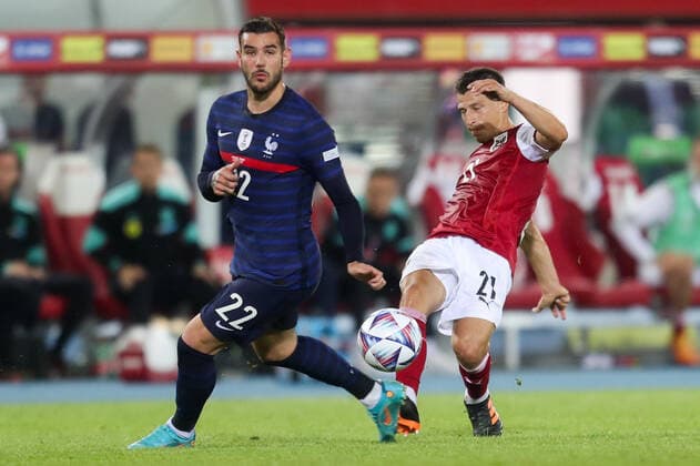SOCCER - NL, AUT vs FRA VIENNA,AUSTRIA,10.JUN.22 - SOCCER - UEFA Nations League, OEFB international match, Länderspiel, Nationalmannschaft Austria vs France. Image shows Theo Hernandez (FRA) and Stefan Lainer (AUT).  GEPAxpictures xGEPAxpictures xPhilippxBrem