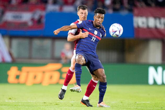 SOCCER - NL, AUT vs FRA VIENNA,AUSTRIA,10.JUN.22 - SOCCER - UEFA Nations League, OEFB international match, Länderspiel, Nationalmannschaft Austria vs France. Image shows Stefan Lainer (AUT) and Kingsley Coman (FRA).  GEPAxpictures xGEPAxpictures xEdgarxEisner