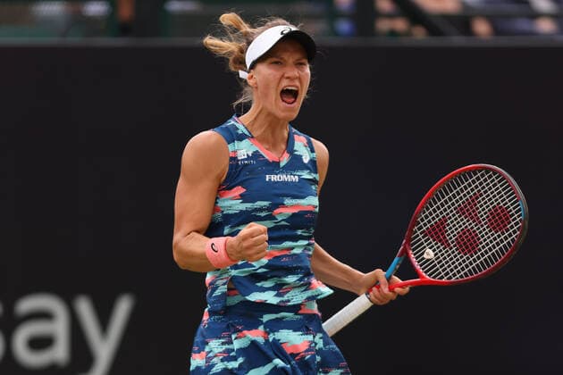 11th June 2022; Nottingham Tennis Centre, Nottingham, England: Rothesay Open Nottingham Lawn Tennis tournament; Viktorija Golubic celebrates after she wins the second set in her match against Alison Riske for 1-1 in the womens singles semi-final  ActionPlus12398457 ShaunxBrooks