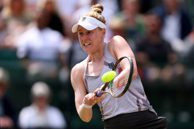 11th June 2022; Nottingham Tennis Centre, Nottingham, England: Rothesay Open Nottingham Lawn Tennis tournament; Alison Riske plays a backhand in her match with Viktorija Golubic  ActionPlus12398553 ShaunxBrooks