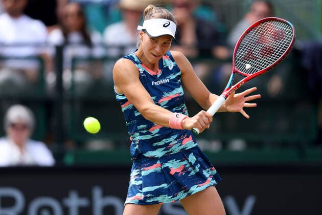 11th June 2022; Nottingham Tennis Centre, Nottingham, England: Rothesay Open Nottingham Lawn Tennis tournament; Viktorija Golubic plays a backhand in her match with Alison Riske  ActionPlus12398557 ShaunxBrooks