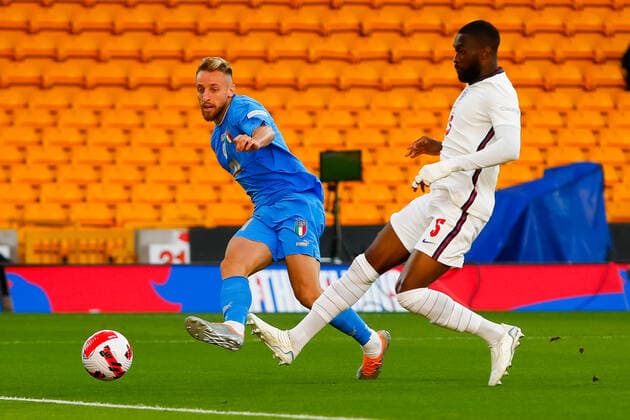 11th June 2022; Molineux Stadium, Wolverhampton, West Midlands, England; UEFA Nations League Football, England versus Italy; An early shot from Davide Frattesi of Italy go wide of the goal  ActionPlus12398860 GrahamxWilson