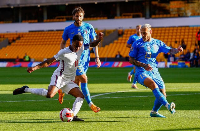 England v Italy UEFA Nations League Raheem Sterling of England tries to get a shot away during the UEFA Nations League match between England and Italy at Molineux, Wolverhampton Content Not Available For UK Newspapers Copyright: xPaulxChestertonx FIL-17006-0064 UK Newspapers OUT