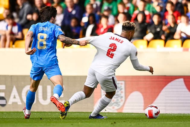 Photo LaPresse - Fabio Ferrari June, 11 2022 Wolverhampton, United Kingdom soccer England vs Italy - Uefa Nations League - Group C 3 6 - Molineux Stadium. In the pic:Sandro Tonali(Italy)Tomori(England)  Copyright: xFabioxFerrari LaPressex