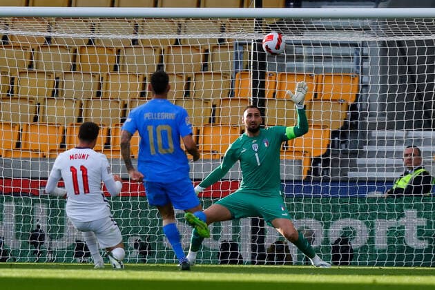 11th June 2022; Molineux Stadium, Wolverhampton, West Midlands, England; UEFA Nations League Football, England versus Italy; Gianluigi Donnarumma of Italy stops a shot from Mason Mount of England which hits the bar  ActionPlus12398930 GrahamxWilson