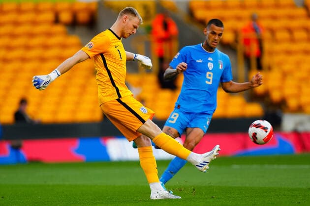 11th June 2022; Molineux Stadium, Wolverhampton, West Midlands, England; UEFA Nations League Football, England versus Italy; Aaron Ramsdale of England clears under pressure from Gianluca Scamacca of Italy  ActionPlus12398935 GrahamxWilson