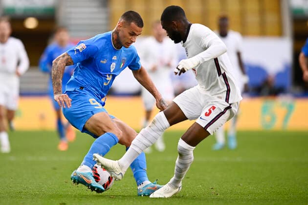 Sport Bilder des Tages Photo LaPresse - Fabio Ferrari June, 11 2022 Wolverhampton, United Kingdom soccer England vs Italy - Uefa Nations League - Group C 3 6 - Molineux Stadium. In the pic:Gianluca Scamacca (Italy) John Stones(England)  Copyright: xFabioxFerrari LaPressex