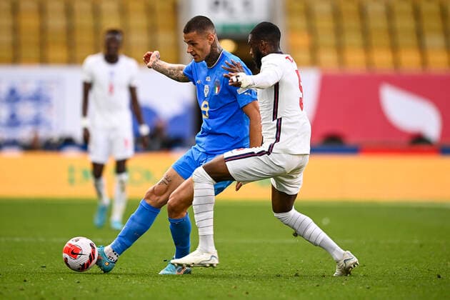 Photo LaPresse - Fabio Ferrari June, 11 2022 Wolverhampton, United Kingdom soccer England vs Italy - Uefa Nations League - Group C 3 6 - Molineux Stadium. In the pic:Gianluca Scamacca (Italy) John Stones(England)  Copyright: xFabioxFerrari LaPressex