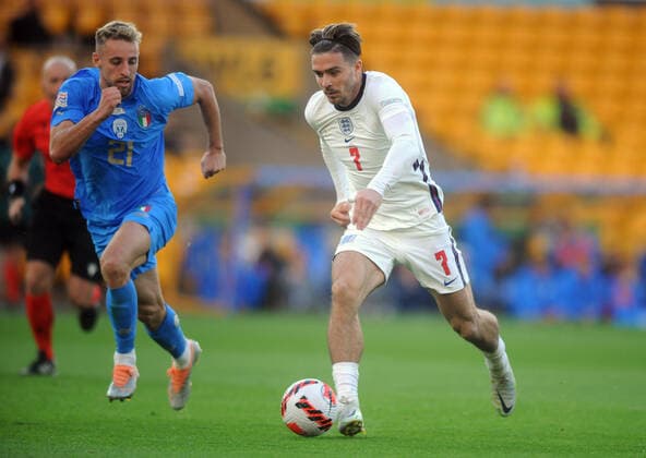 Football - 2022 2023 UEFA Nations League - League A - Group 3 - England vs Italy - Molyneux - Saturday 11th June 2022 Jack Grealish of England Davide Frattesi of Italy 