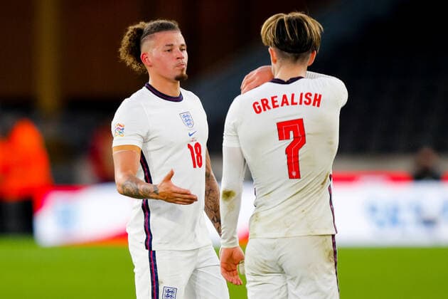 11th June 2022; Molineux Stadium, Wolverhampton, West Midlands, England; UEFA Nations League Football, England versus Italy; Kalvin Phillips congratulates Jack Grealish of England after the final whistle  ActionPlus12399038 GrahamxWilson