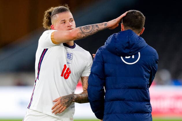 11th June 2022; Molineux Stadium, Wolverhampton, West Midlands, England; UEFA Nations League Football, England versus Italy; Kalvin Phillips of England rubs Mason Mount& x2019;s head after the final whistle  ActionPlus12399043 GrahamxWilson