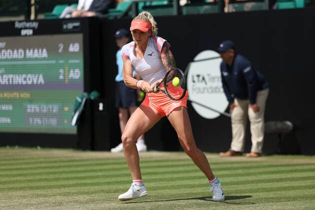 11th June 2022; Nottingham Tennis Centre, Nottingham, England: Rothesay Open Nottingham Lawn Tennis tournament; Tereza Martincova plays a backhand return to Beatriz Haddad Maia in the womens singles semi final  ActionPlus12399046 ShaunxBrooks