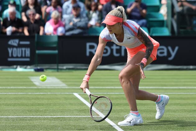 11th June 2022; Nottingham Tennis Centre, Nottingham, England: Rothesay Open Nottingham Lawn Tennis tournament; Tereza Martincova plays a volley to Beatriz Haddad Maia in the womens singles semi final  ActionPlus12399048 ShaunxBrooks