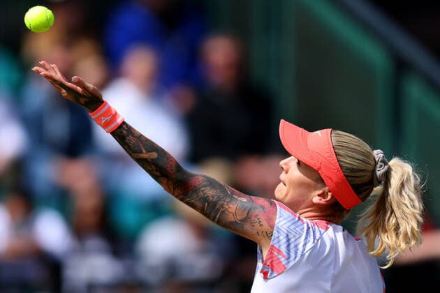 11th June 2022; Nottingham Tennis Centre, Nottingham, England: Rothesay Open Nottingham Lawn Tennis tournament; Tereza Martincova starts her serve to Beatriz Haddad Maia in the womens singles semi final  ActionPlus12399049 ShaunxBrooks