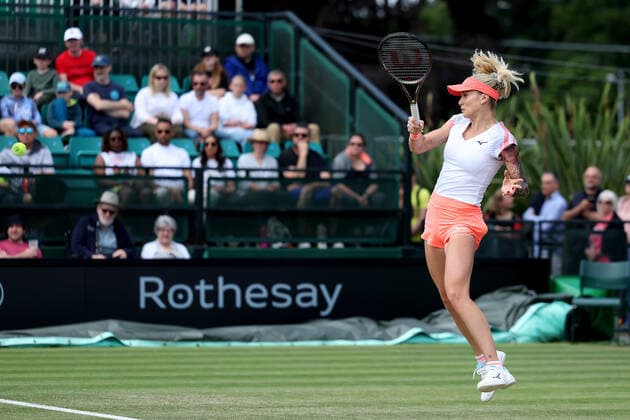 11th June 2022; Nottingham Tennis Centre, Nottingham, England: Rothesay Open Nottingham Lawn Tennis tournament; Tereza Martincova plays a forehand to Beatriz Haddad Maia in the womens singles semi final  ActionPlus12399051 ShaunxBrooks