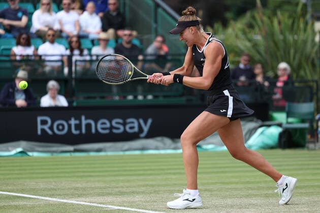 11th June 2022; Nottingham Tennis Centre, Nottingham, England: Rothesay Open Nottingham Lawn Tennis tournament; Beatriz Haddad Maia plays a backhand to Tereza Martincova in the womens singles semi final  ActionPlus12399056 ShaunxBrooks