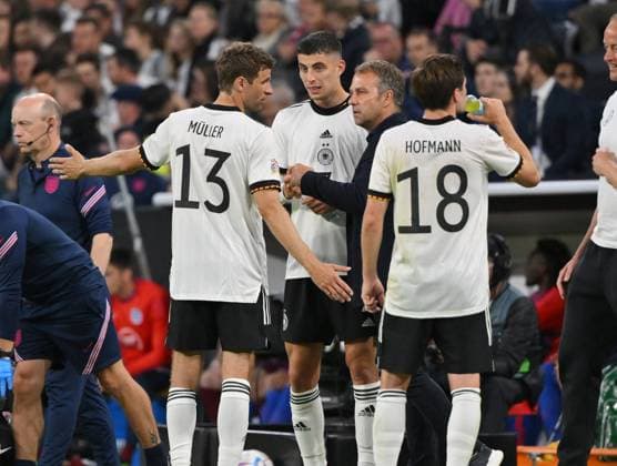 f l , Thomas Müller Germany , Kai Havertz Germany , national coach Hansi Flick Germany , Jonas Hofmann Germany 07 06 2022, Football 2022, UEFA Nations League 2022 23, Matchday 2, Germany England 1 1 Photo Maik Hölter TEAM2sportphoto Muenchen Allianz Arena Germany Team2