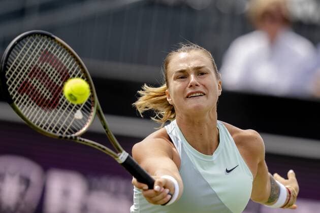 ROSMALEN Tennis player Aryna Sabalenka Belarus in action against Ekaterina Alexandrova not in photo, Russia during the final of the international tennis tournament Libema Open The combined Dutch tennis tournament for men and women will be held on the grass courts of Autotron for twelve days ANP SANDER KING xVIxANPxSportx xxANPxIVx 450313645 originalFilename: 450313645.jpg