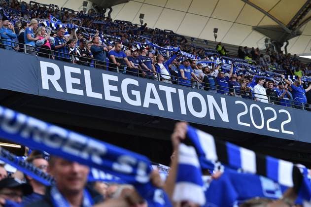 Soccer 1 Bundesliga Relegation second leg Hamburger SV Hertha BSC Berlin on 23 05 2022 at Volksparkstadion in Hamburg lettering logo Relegation 2022 DFL regulations prohibit any use of photographs as image sequences and or quasi video xHDx