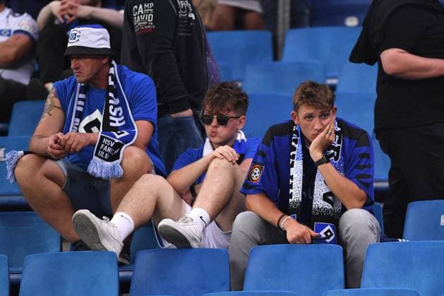 Soccer 1 Bundesliga Relegation second leg Hamburger SV Hertha BSC Berlin on 23 05 2022 at Volksparkstadion in Hamburg Disappointed Hamburg fans DFL regulations prohibit any use of photographs as image sequences and or quasi video xHDx