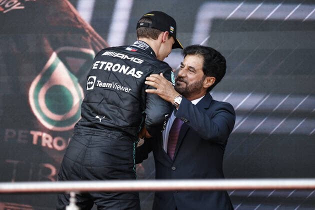 RUSSELL George (gbr), Mercedes AMG F1 Team W13, portrait BEN SULAYEM Mohammed (uae), President of the FIA, portrait podium during the Formula 1 Azerbaijan Grand Prix 2022, 8th round of the 2022 FIA Formula One World Championship, WM, Weltmeisterschaft on the Baku City Circuit, from June 10 to 12, 2022 in Baku, Azerbaijan - F1 - AZERBAIJAN GRAND PRIX 2022 - RACE DPPI Panoramic  00122021__R5_0241