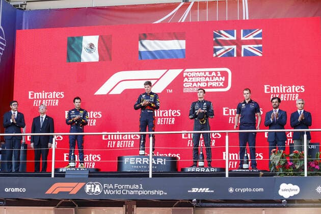 VERSTAPPEN Max (ned), Red Bull Racing RB18, portrait PEREZ Sergio (mex), Red Bull Racing RB18, portrait RUSSELL George (gbr), Mercedes AMG F1 Team W13, portrait BEN SULAYEM Mohammed (uae), President of the FIA, portrait podium during the Formula 1 Azerbaijan Grand Prix 2022, 8th round of the 2022 FIA Formula One World Championship, WM, Weltmeisterschaft on the Baku City Circuit, from June 10 to 12, 2022 in Baku, Azerbaijan - F1 - AZERBAIJAN GRAND PRIX 2022 - RACE DPPI Panoramic  00122021__B3_4494