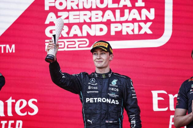 RUSSELL George (gbr), Mercedes AMG F1 Team W13, portrait podium celebration during the Formula 1 Azerbaijan Grand Prix 2022, 8th round of the 2022 FIA Formula One World Championship, WM, Weltmeisterschaft on the Baku City Circuit, from June 10 to 12, 2022 in Baku, Azerbaijan - F1 - AZERBAIJAN GRAND PRIX 2022 - RACE DPPI Panoramic  00122021__R5_0383