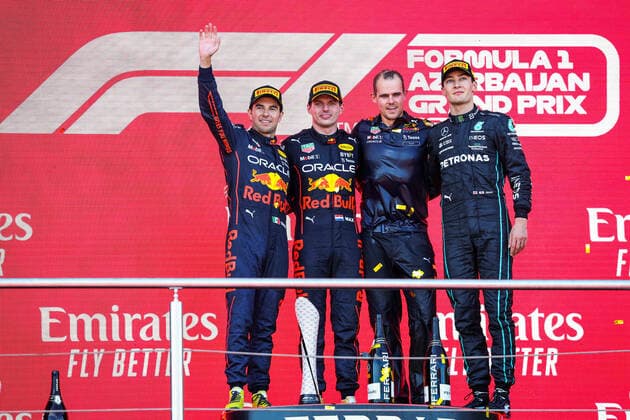 Podium: VERSTAPPEN Max (ned), Red Bull Racing RB18, PEREZ Sergio (mex), Red Bull Racing RB18, RUSSELL George (gbr), Mercedes AMG F1 Team W13, portrait during the Formula 1 Azerbaijan Grand Prix 2022, 8th round of the 2022 FIA Formula One World Championship, WM, Weltmeisterschaft on the Baku City Circuit, from June 10 to 12, 2022 in Baku, Azerbaijan - F1 - AZERBAIJAN GRAND PRIX 2022 - RACE DPPI Panoramic  20220612_GOOD8716