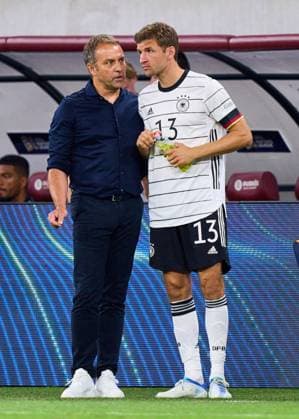 DFB headcoach Hans-Dieter Hansi Flick , Bundestrainer, Nationaltrainer, Thomas Müller, DFB 13 in the UEFA Nations League 2022 match HUNGARY - GERMANY 1-1 in Season 2022 2023 on Juni 11, 2022 in Budapest, Hungary.