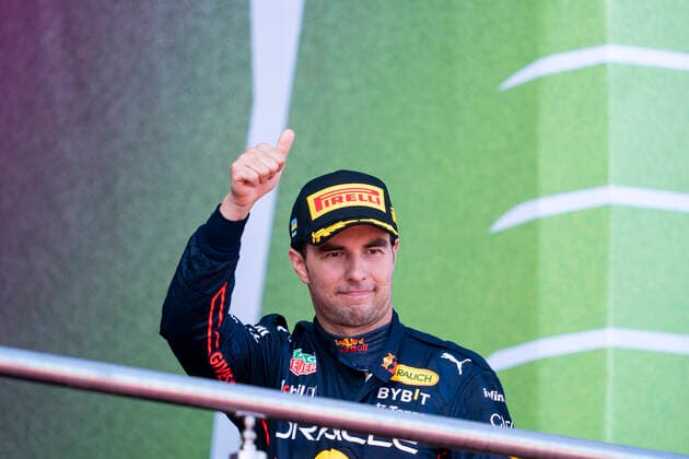 June 12, 2022, Baku, Azerbaijan: SERGIO PEREZ of Mexico and Red Bull Racing on the podium after finishing second in the 2022 FIA Formula 1 Azerbaijan Grand Prix at Baku City Circuit in Baku, Azerbaijan. Baku Azerbaijan - ZUMAg147 20220612_zap_g147_008 Copyright: xJamesxGasperottix