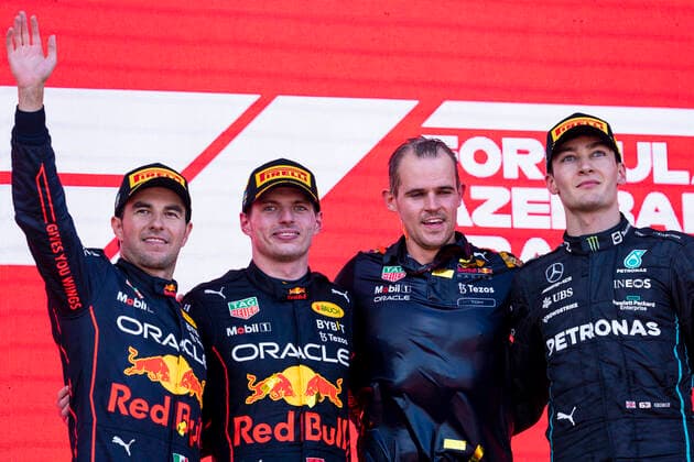 June 12, 2022, Baku, Azerbaijan: SERGIO PEREZ of Mexico and Red Bull Racing, MAX VERSTAPPEN of the Netherlands and Red Bull Racing and GEORGE RUSSEL of Great Britain and Mercedes-AMG F1 Team on the podium after the 2022 FIA Formula 1 Azerbaijan Grand Prix at Baku City Circuit in Baku, Azerbaijan. Baku Azerbaijan - ZUMAg147 20220612_zap_g147_004 Copyright: xJamesxGasperottix