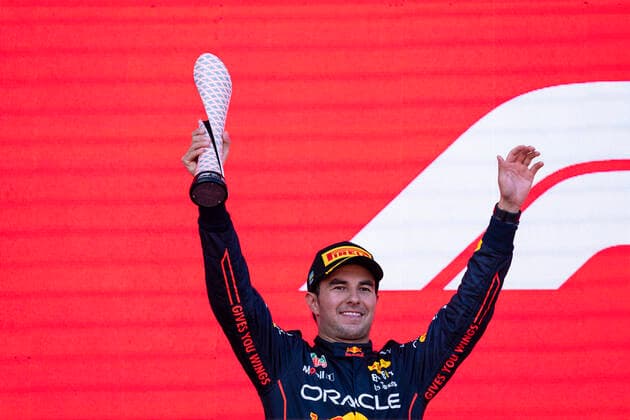 June 12, 2022, Baku, Azerbaijan: SERGIO PEREZ of Mexico and Red Bull Racing on the podium after finishing second in the 2022 FIA Formula 1 Azerbaijan Grand Prix at Baku City Circuit in Baku, Azerbaijan. Baku Azerbaijan - ZUMAg147 20220612_zap_g147_005 Copyright: xJamesxGasperottix