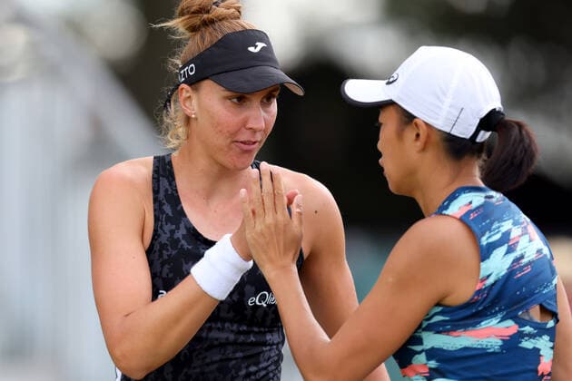 11th June 2022; Nottingham Tennis Centre, Nottingham, England: Rothesay Open Nottingham Lawn Tennis tournament; Beatriz Haddad Maia celebrates winning a point with Shuai Zhangin the women doubles semi finals  ActionPlus12399172 ShaunxBrooks