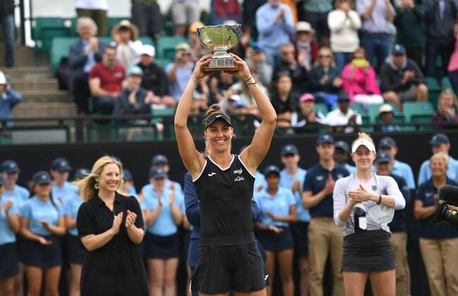 Mandatory Credit: Photo by Anna Gowthorpe Shutterstock (12979627b) Beatriz Haddad Maia of Brazil celebrates with the trophy after winning the final match Rothesay Open, Tennis, Nottingham Tennis Centre, Nottingham, UK - 12 Jun 2022 Rothesay Open, Tennis, Nottingham Tennis Centre, Nottingham, UK - 12 Jun 2022  Copyright: xAnnaxGowthorpe Shutterstockx 12979627b