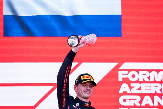 June 12, 2022, Baku, Azerbaijan: MAX VERSTAPPEN of the Netherlands and Red Bull Racing on the podium after winning the 2022 FIA Formula 1 Azerbaijan Grand Prix at Baku City Circuit in Baku, Azerbaijan. Baku Azerbaijan - ZUMAg147 20220612_zap_g147_184 Copyright: xJamesxGasperottix