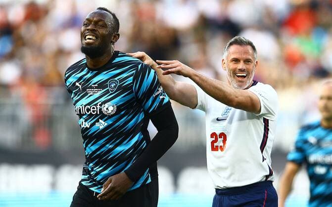 Sport Themen der Woche KW23 Sport Bilder des Tages Mandatory Credit: Photo by Kieran McManus Shutterstock (12979729v) Jamie Carragher of England pushes Usain Bolt (Captain) of World XI FC jokingly England XI v World XI, Soccer Aid for Unicef 2022, Football, London Stadium, London, UK - 12 Jun 2022 England XI v World XI, Soccer Aid for Unicef 2022, Football, London Stadium, London, UK - 12 Jun 2022  Copyright: xKieranxMcManus Shutterstockx 12979729v
